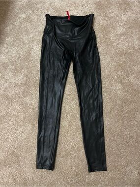 SPANX Black Faux Leather High-Rise Leggings with Red Tag
